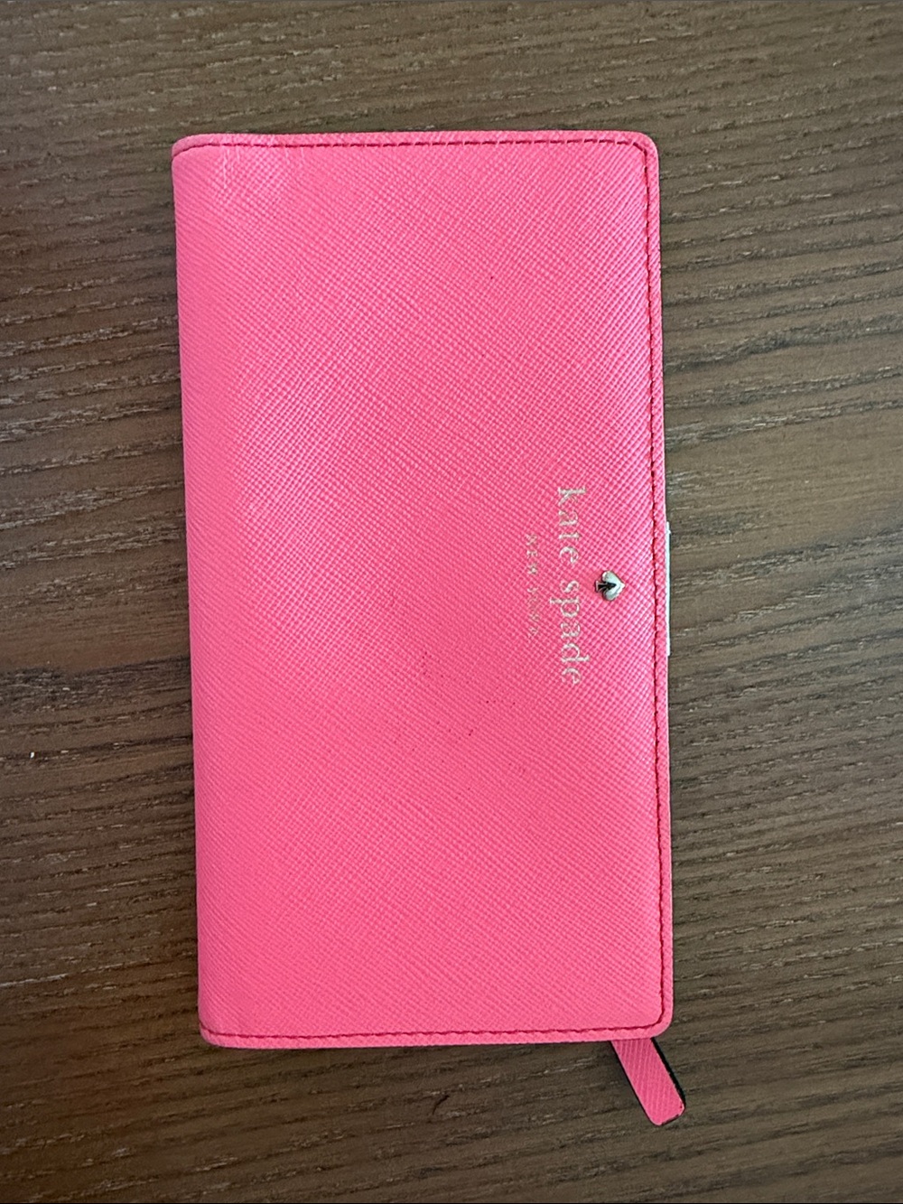 kate spade bright pink saffiano leather long wallet with heart detail
